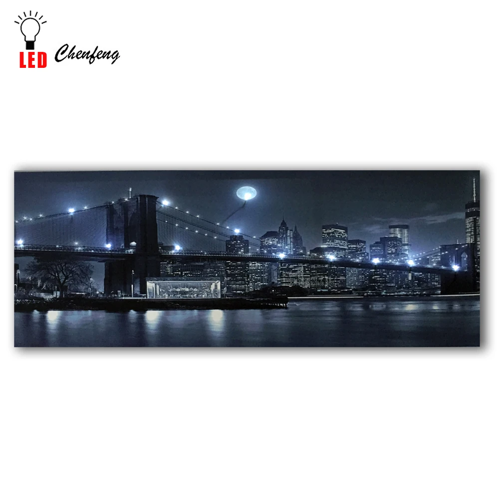 Светодиодная Настенная картина, черный и белый Бруклинский мост с Городской Ночной луной, холст, художественное изображение, светильник, HD картина, произведение искусства, печать в рамке
