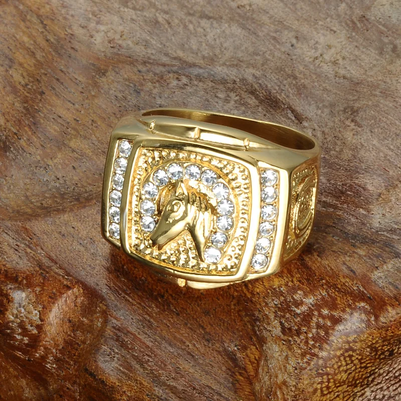 Хип хоп микро проложить горный хрусталь Iced Out Bling Horse Кольцо IP позолоченные