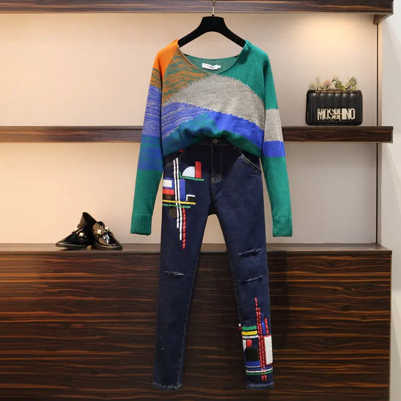 

Women Two Piece Outfits Plus Size Autumn Jeans Suits Fashion Knitted Sweater Pullovers + Ripped Hole Long Jeans Pants Two Piece