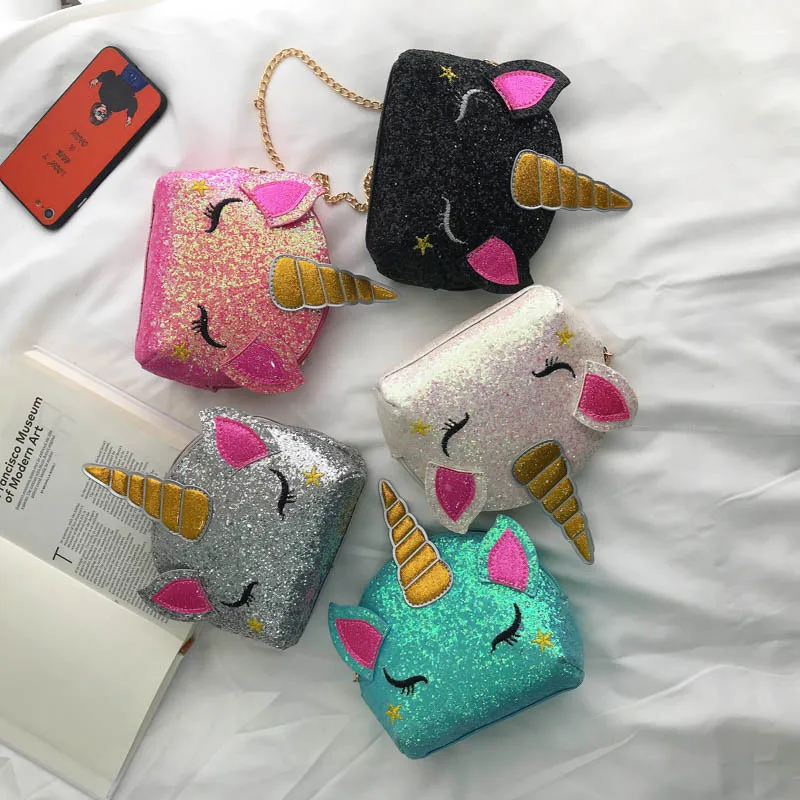 spring and summer new chain handbags cartoon cute unicorn bag personality sequins shoulder Messenger bag