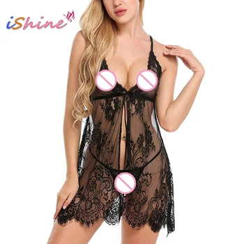 

iShine lingerie sexy hot erotic Lace Floral Underwear Women Strappy Bow Perspective Babydoll Chemise Sleepwear Costume