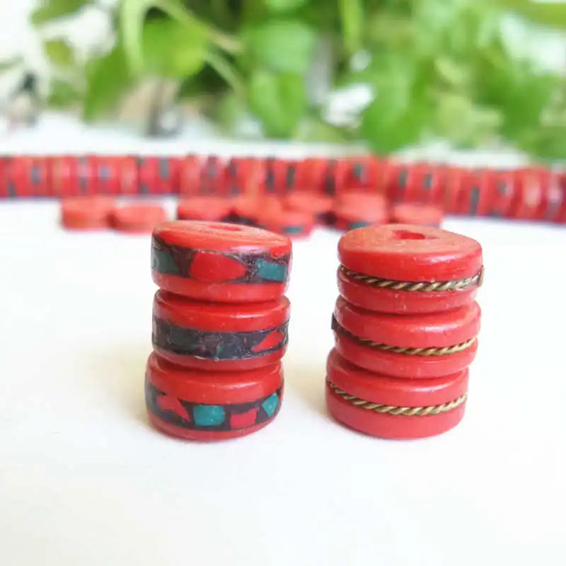 

20PCS 12mm Tibetan Red Yak Bone Prayer Beads inlay Stone Metal Silks Coin Beads Accessories for DIY TSB0248