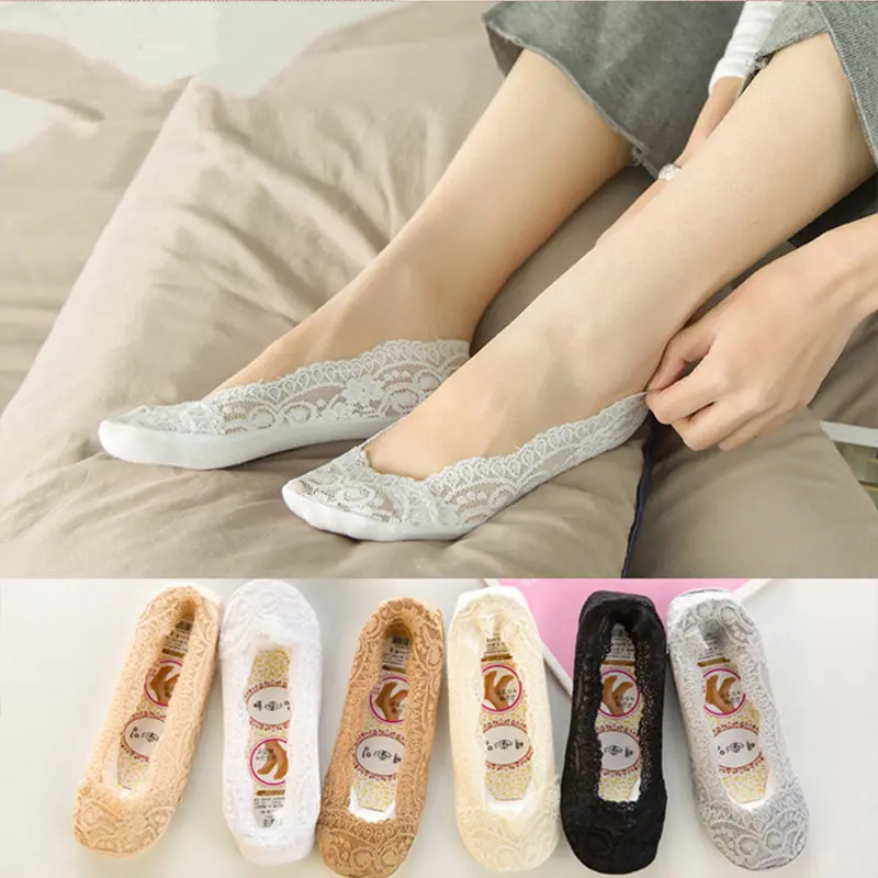 Lace Women Heel Socks Hollow Out Breathable Lady Shallow Top Sock Sweet Girls Solid Color Elastic Invisible Ship Socks New Fashion Anti Off (4)