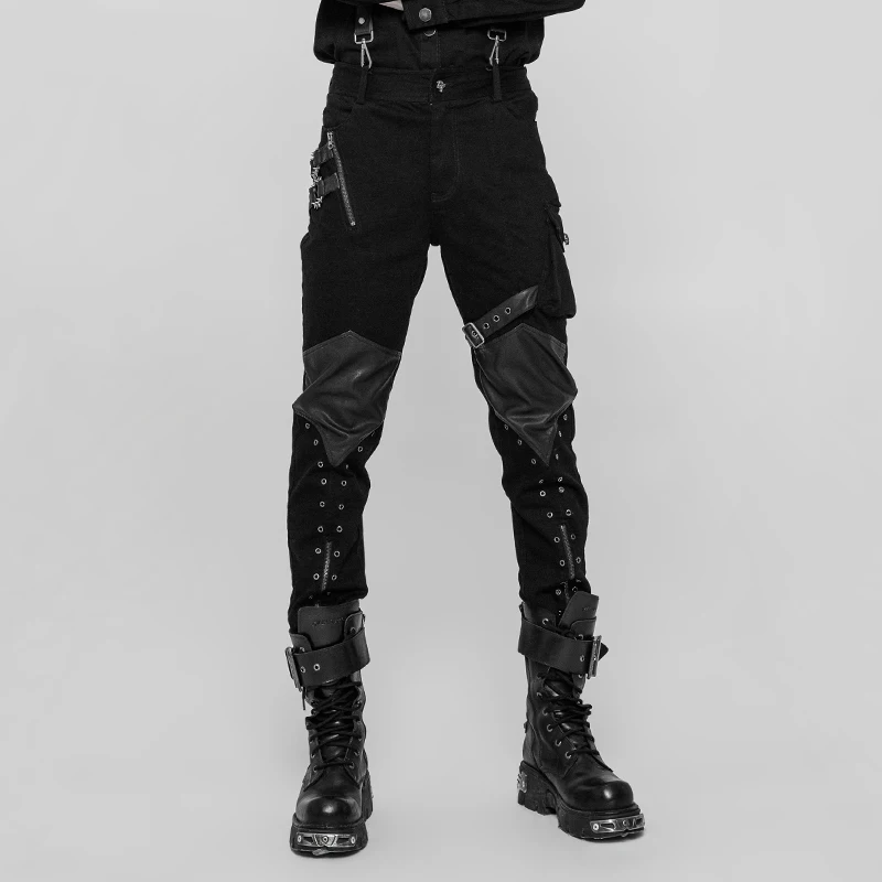 Панковские рейв из искусственной кожи на молнии повседневные наколенники стимпанк rockabity мотоциклетные мужские брюки готический саржевый промывочный тканевый джинсы - Цвет: Black WK-338M