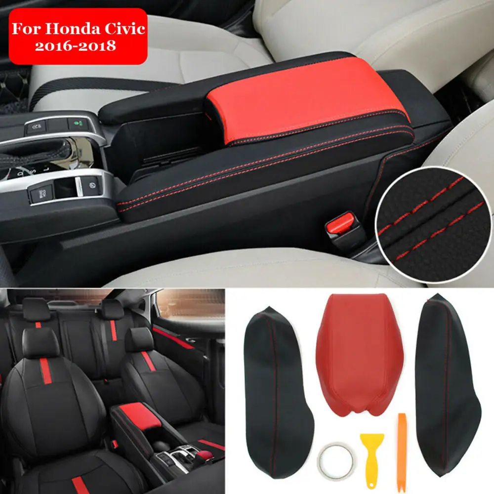 3PCS Pu Leather Center Armrest Box Case Cover Trim For Honda Civic 10th 16~ Civic Car Armrest Box With Glue Tools