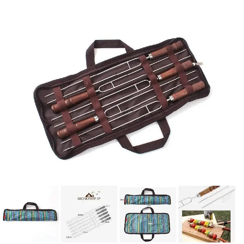 5pcs/Set Barbecue Tool Roasting Forks with Bag Camping Hot Dog Telescoping Sticks Skewers Wood Handle Stainless Steel BBQ Forks