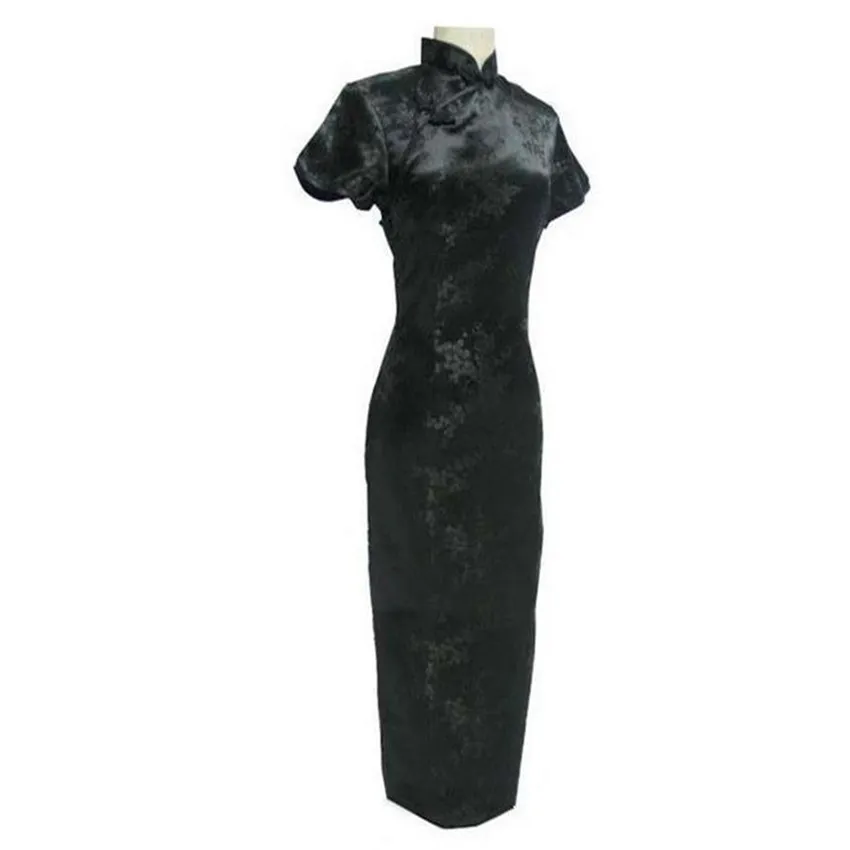 Black Satin Qipao with Floral Pattern NIUNIUSHOW