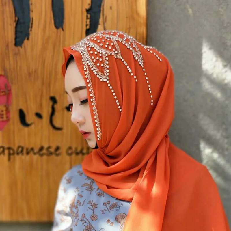 

Party hijab chiffon beaded hijab fancy style with shiny beads wrap hat khaleeji hijab popular cover shawl free ship