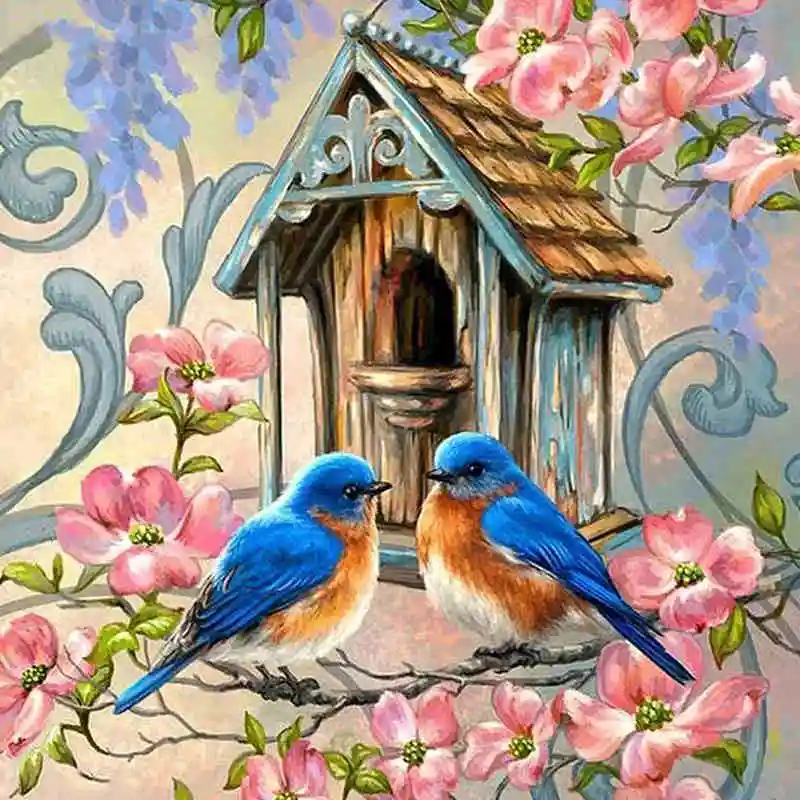 3-flower house with couple Birds
