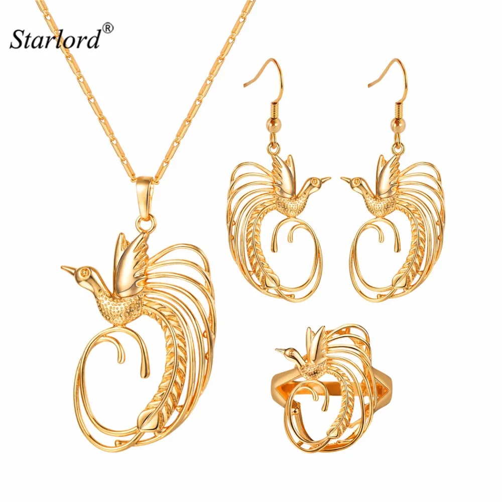 Birds of Paradise Necklace&Dangle Earrings&Adjustable Ring Gold Color