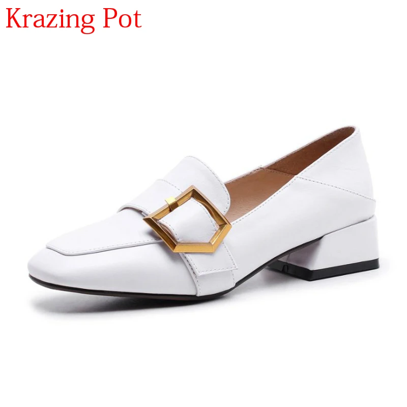

2018 Genuine Leather Metal Buckle Decoration Shallow Women Pumps Slip on High Heels Square Toe Office Lady Sexy Spring Shoes L87