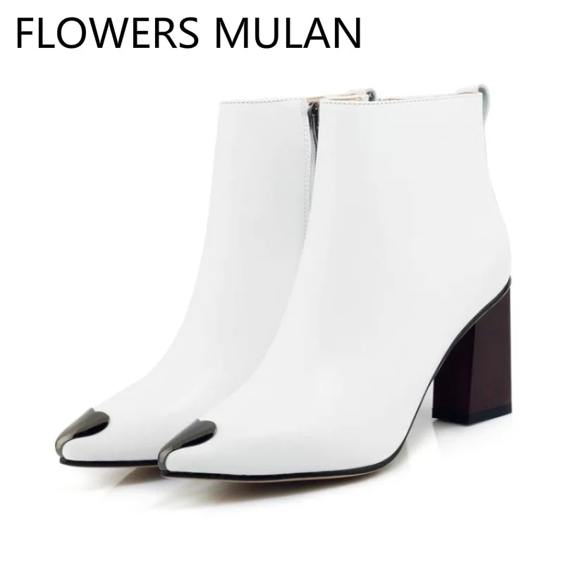 

Chic Black White Leather Ankle Boots For Women Metallic Heart Pointed Toe Fashion Ladies Booties Winter Shoes Woman Sqaure Heel