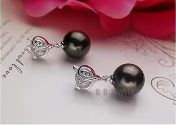 

Pair of 11-12mm natural south sea genuine round fox black pearl earring AAA 555