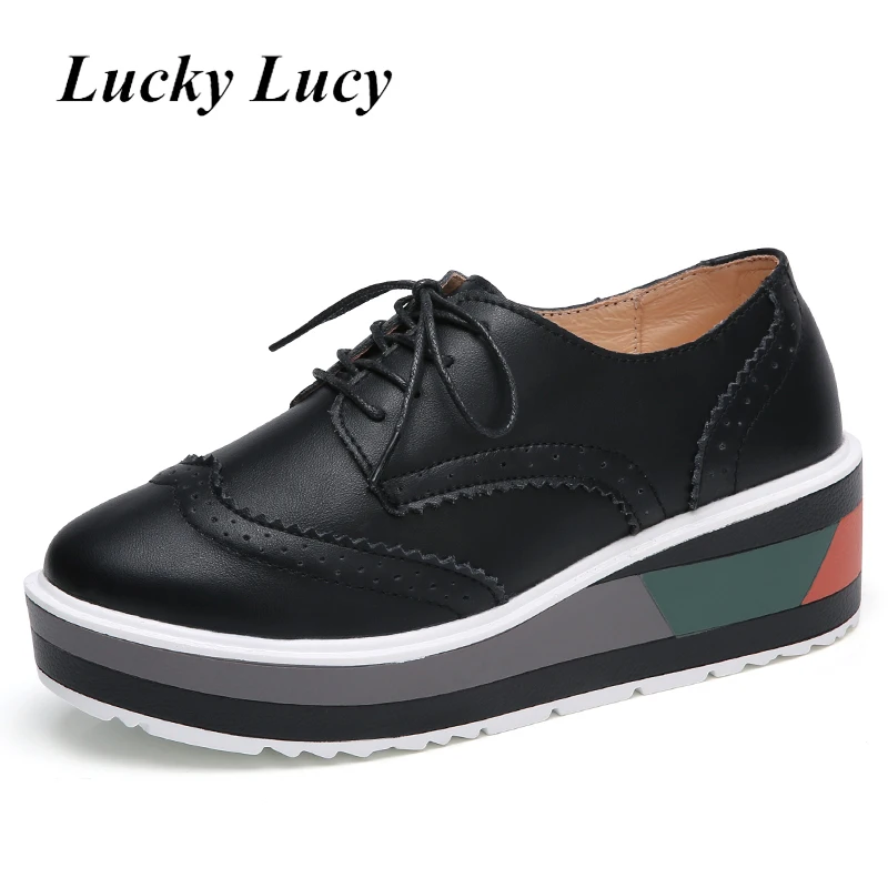 

Spring Women Platform Shoes Split Leather Black Brown Shoelaces Female Footwear Height Increasing Wearable Women Casual Shoes