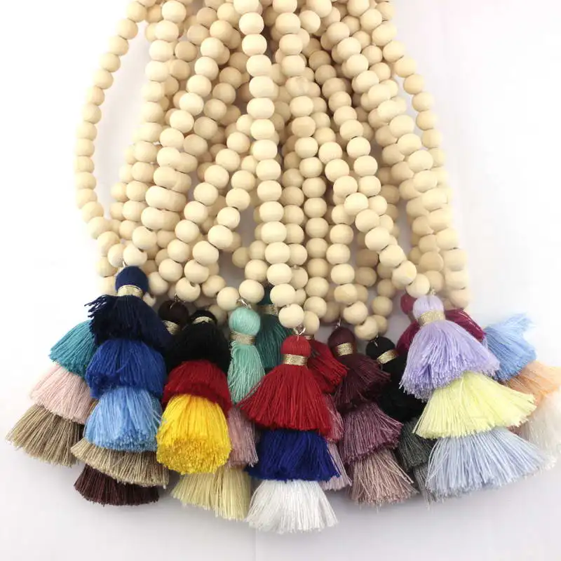 ZWPON 2018 Boho Wood Beaded Tassel Necklace for Women 10 MM Natural Wood Beads Long Necklace Wholesale Festival Jewelry Yoga