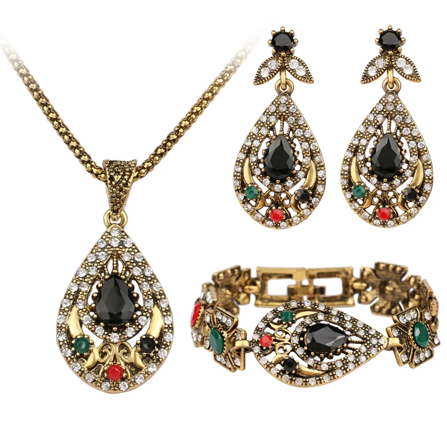 Unique Gold 3 Pcs Vintage India Jewelry Sets Hot Sale Crystal Hollow