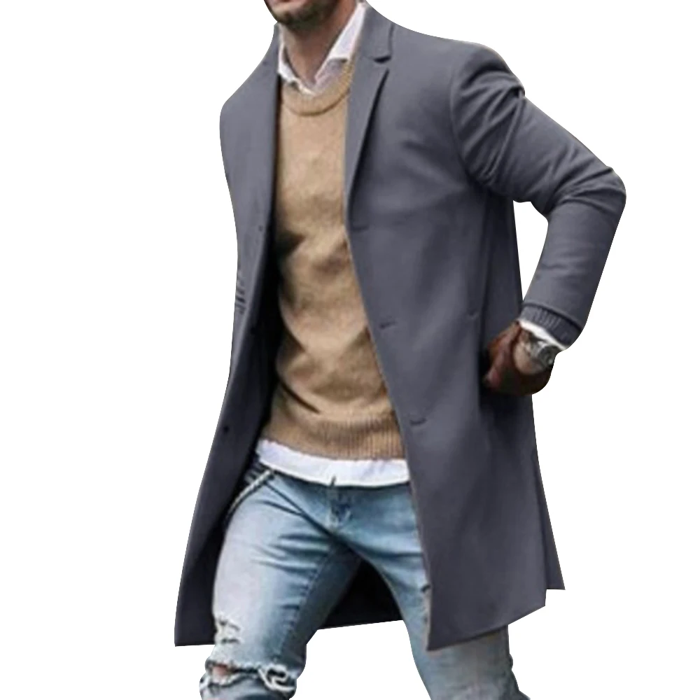 Solid Business Casual Woolen Trench Coats Male Medium Slim Collar Leisure Button Jackets Autumn Winter Fashion Tops Streetwear - Цвет: gray