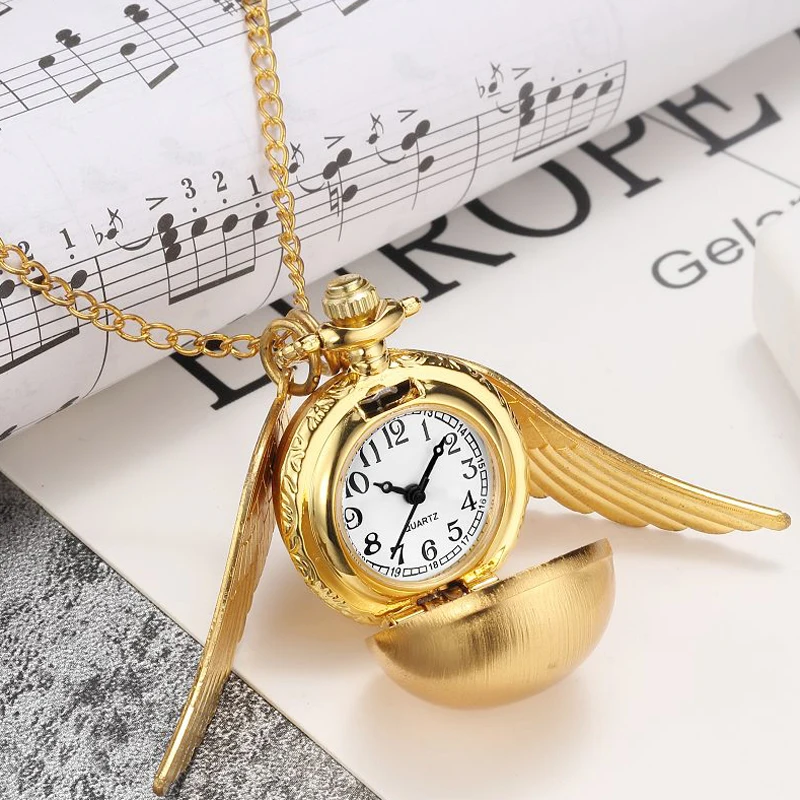 

Bronze Steampunk Harry Potter Golden Snitch Ball Quartz Pocket Watches Clock With Fob Necklace Chain Children Kids Xmas Gift Box