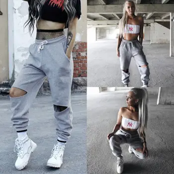 

Womens Casual Hip Hop Dance Sweat Pants Loose Autumn Trousers Hole New Hot Fashion