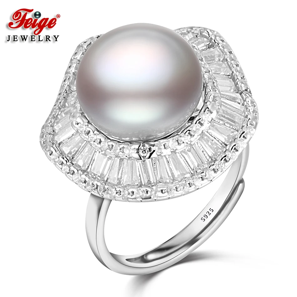 

Designer 925 Sterling Silver Big Pearl Ring for Women Party Jewelry Gift 11-12MM Gray Freshwater Pearl Cubic Zirconia Ring FEIGE