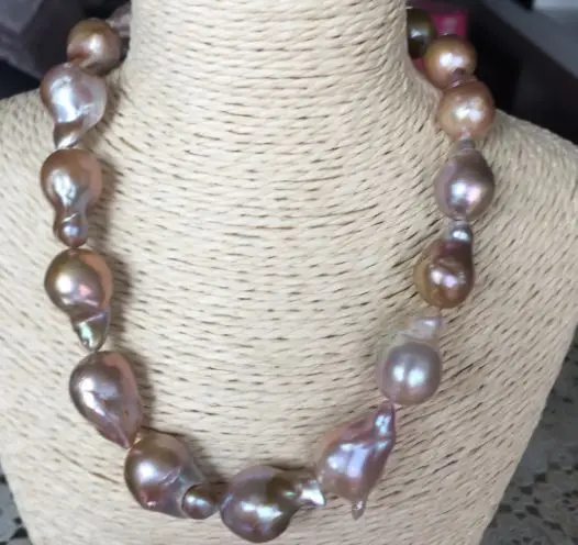 

gorgeous 18-20mm south sea gold pink purple pearl necklace 18"14k/20