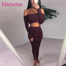 Karlofea Fashion Bodycon Autumn Outfits Two Piece Women Sets Long Sleeve Crop Top And Skirt Sexy Club Party Solid Split Clothing