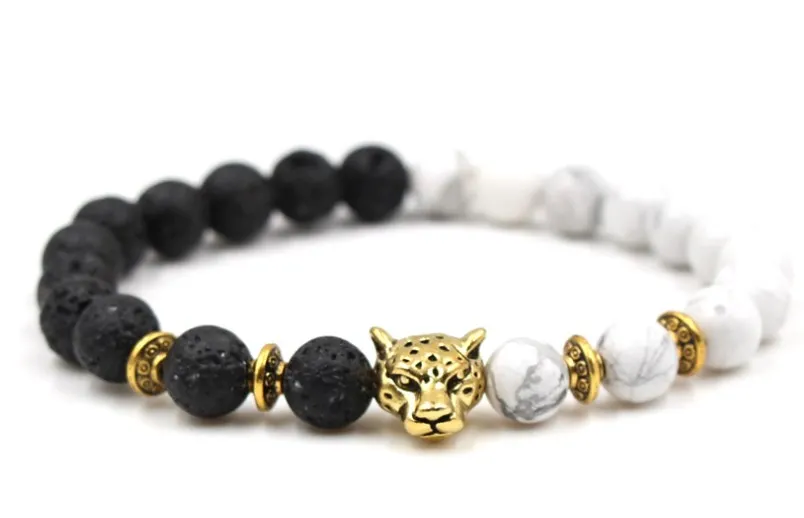 

8mm gj4d gold silver ball white Howlite nature black stone volcanic lava leopard head Bracelet Reiki Chakra Fashion