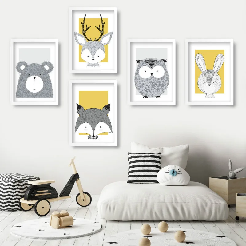 Детская художественная галерея животные настенные художественные принты желтый медведь лиса олень сова кролик скандинавский эскиз картины плакаты Детская комната Декор