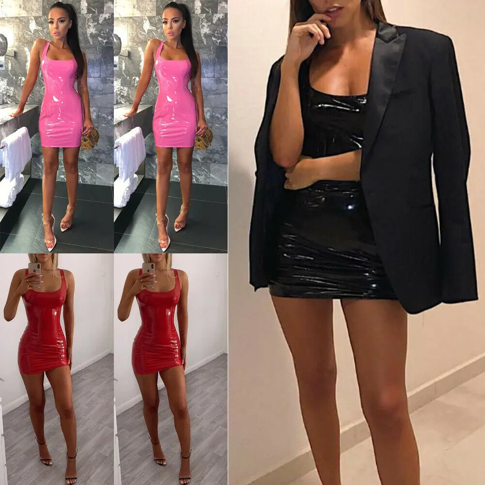 

Womens Ladies Cocktail PVC PU Leather Bodycon Clubwear Mini Pencil Dress Women Strap Sleeveless Night Club Mini Bandage Dress