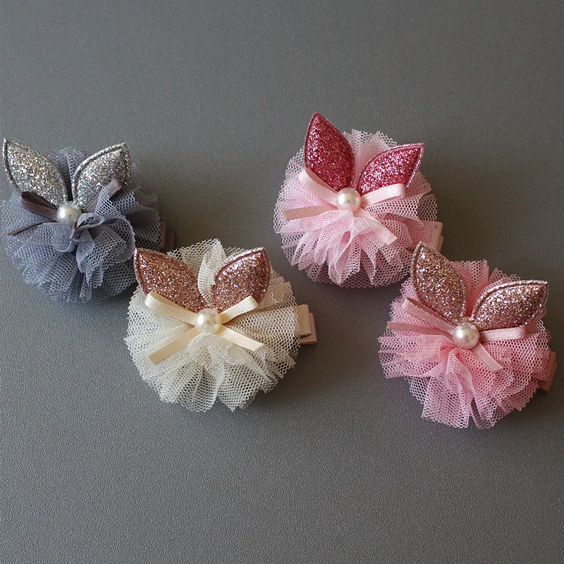 

4pcs/lot Rabbit Ears Glitter Felt Hair Clip Modish Girls 5cm Hair Grip Gauze Princess Pearl Lovely Ribbon Bowknot Hair Barrettes