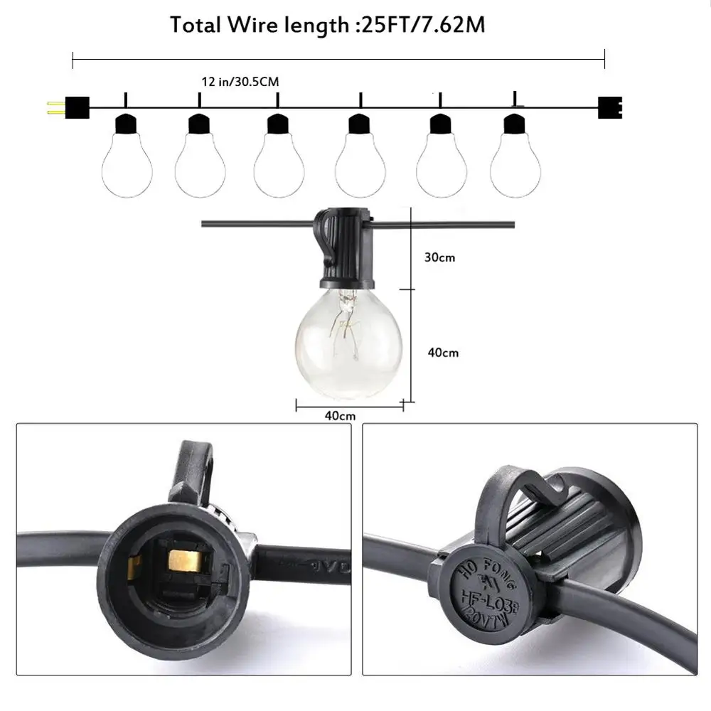 Теплый белый 25 лампочек G40 Глобус струнный светильник s UL список патио светильник Винтаж ЕС/США штекер для внутреннего/наружного зонта гирлянда светильник s