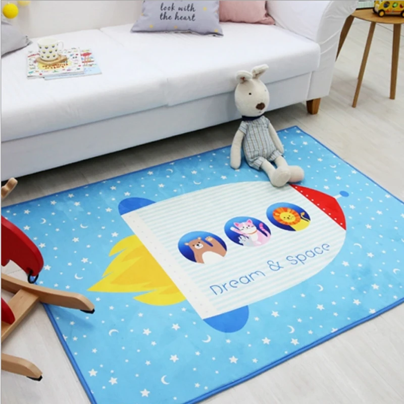 

Cartoon Rocket Children Rug Stars and Moon Blue Kids Carpet Super Soft Thicken Washable Non-slip Boys Girls Play Room Area Rugs
