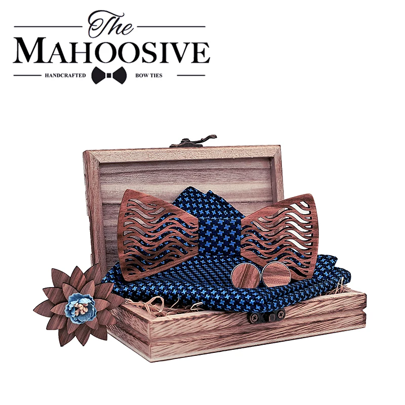  Mens Wood bow Tie Set Men Handkerchief wooden Bowtie Cufflinks Handkerchief Necktie Silk Ties Weddi