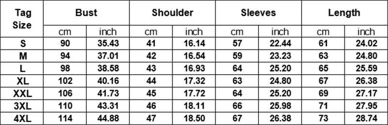 cotton coat size chart