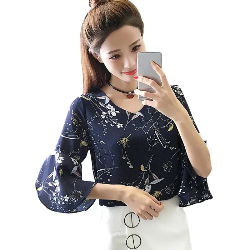 2019 Women Floral Shirt Small V-neck Female Blouses Korean Sweet Floral Ruffled Butterfly Sleeve Chiffon Tops