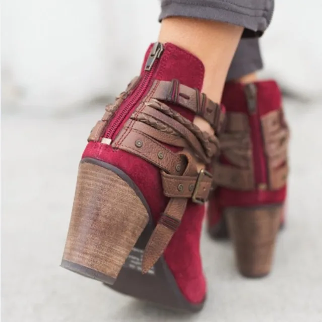 Buckle Strap Women Ankle Boots Casual Platform Shoes Woman High Heels Western Boots Slip On Winter Women Shoes