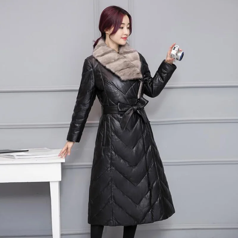 2018 Women Winter Leather Down Jacket New Big Fur Collar Faux Leather Slim Long Duck Down Coat Elegant Women Overcoat Plus Szie