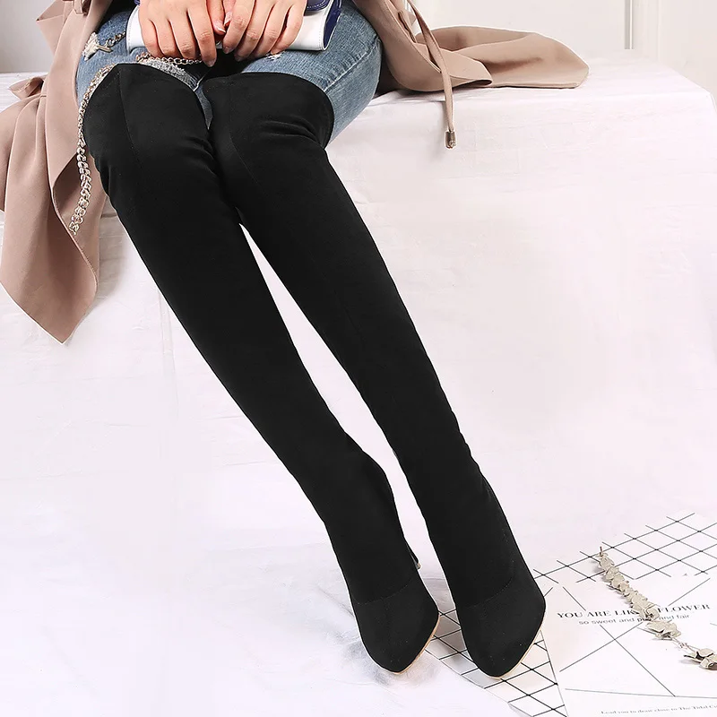 WETKISS/ г. Новые Модные весенне-зимние Стрейчевые высокие сапоги до бедра из флока размера плюс 34-48 женские ботфорты на высоком каблуке