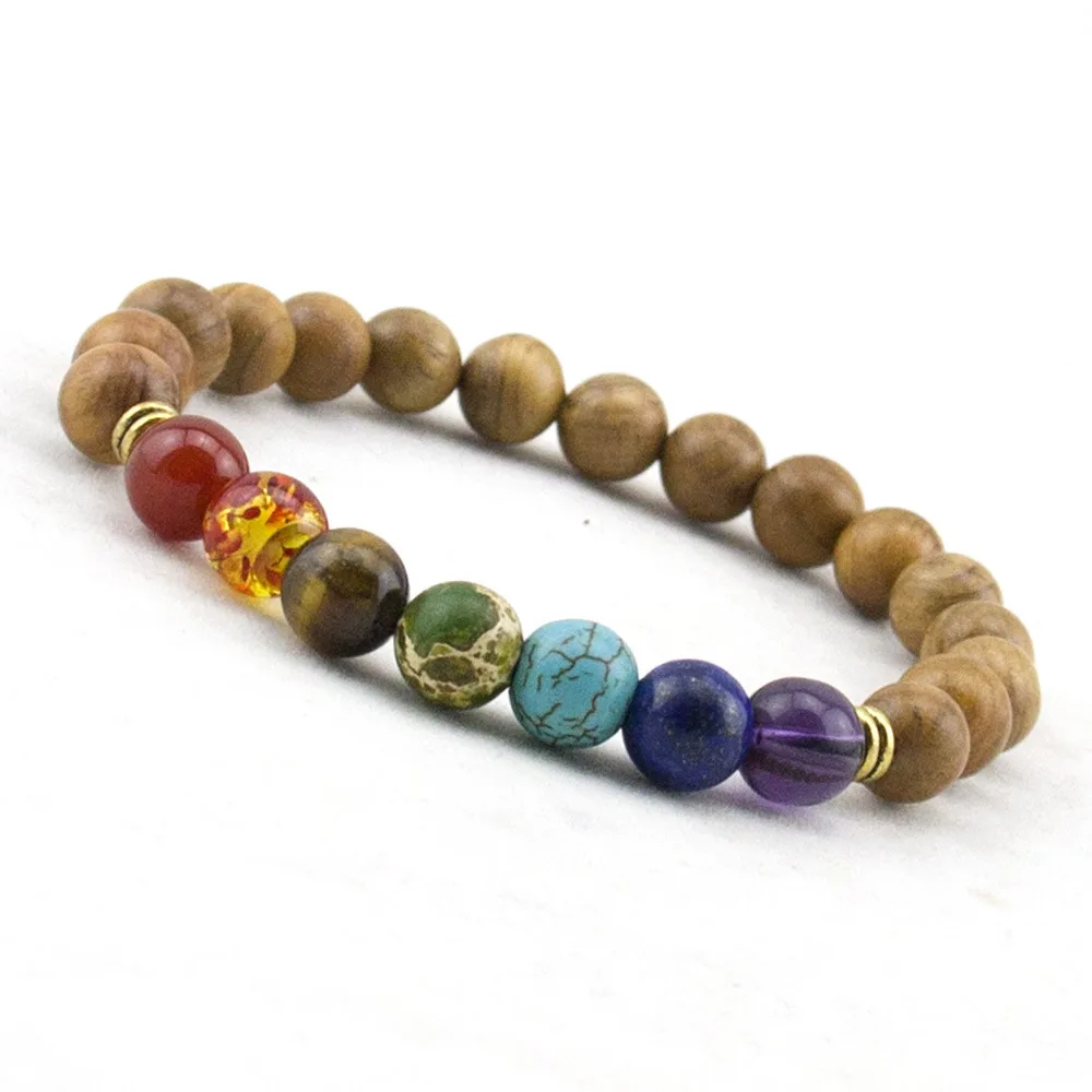 

Trendy Mens Natural Wooden Beaded Root Chakra Bracelet 7 Chakra Yoga Meditation Bracelet Mala Beads Bracelets for Women