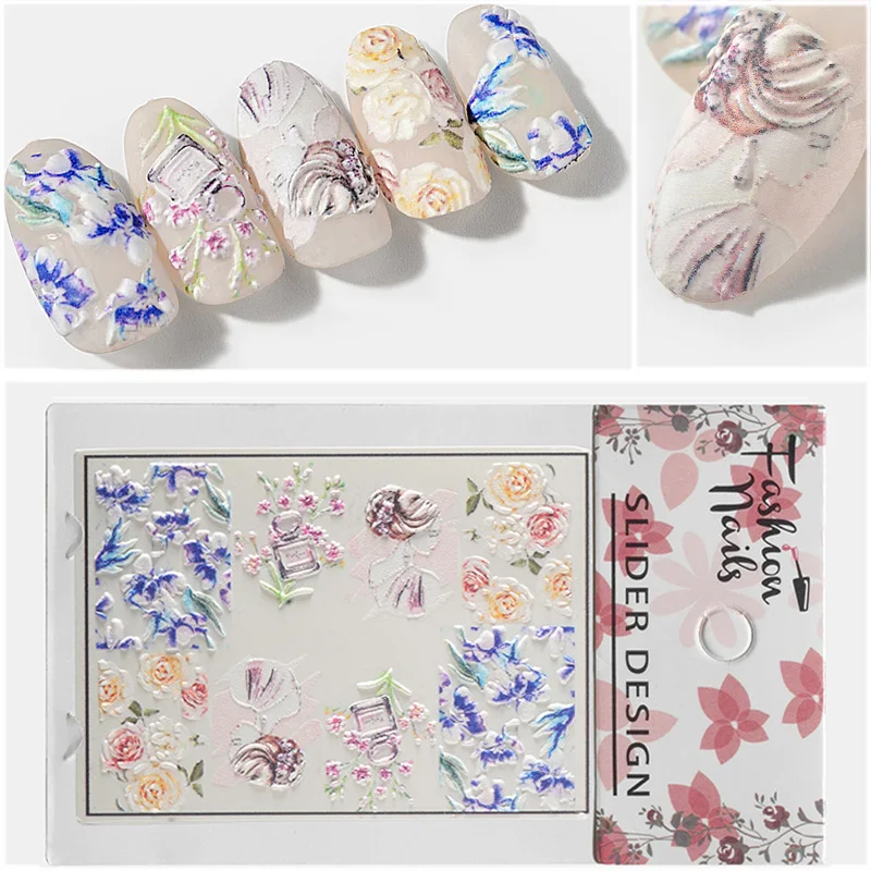 

1PC 3D Acrylic Engraved Flower Nail Sticker Embossed Floral Acrylic Engraved Suitable For Summer Nail Water Slide Decals Fashion