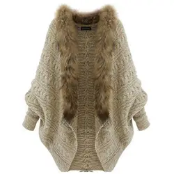 Меховой воротник вязаный свитер для женщин длинный кардиган с рукавами «летучая мышь» Пончо Накидки Femme Открыть стежка осень зима пальт