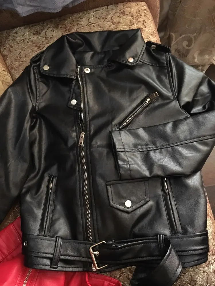 Куртка из искусственной кожи для девочек 4-13 лет, пальто из искусственной кожи, куртка с длинными рукавами на молнии с поясом, 2 цвета