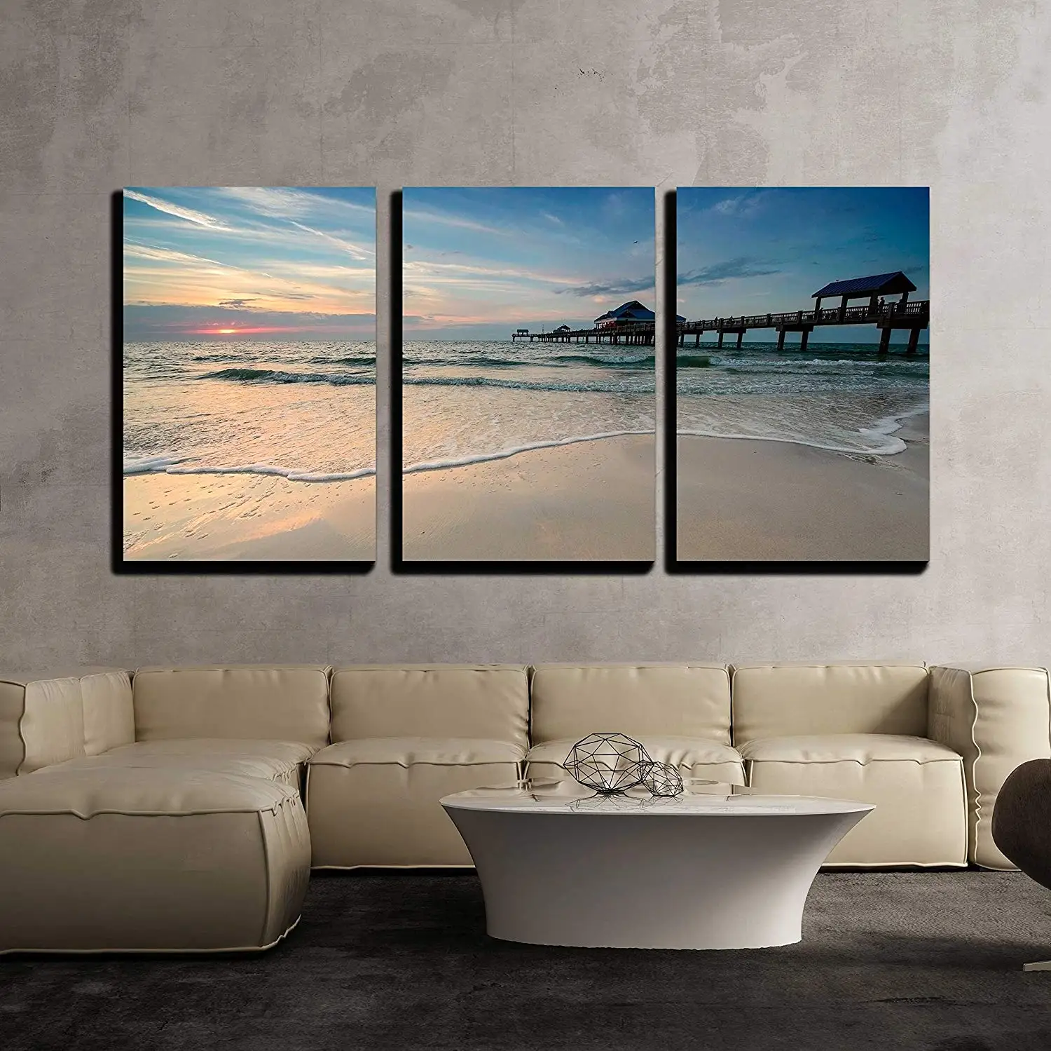 

Unframed 3 Pieces Canvas Wall Art Sunset Near Pier on a Clearwater Beach Florida USA Prints Painting Home Decor