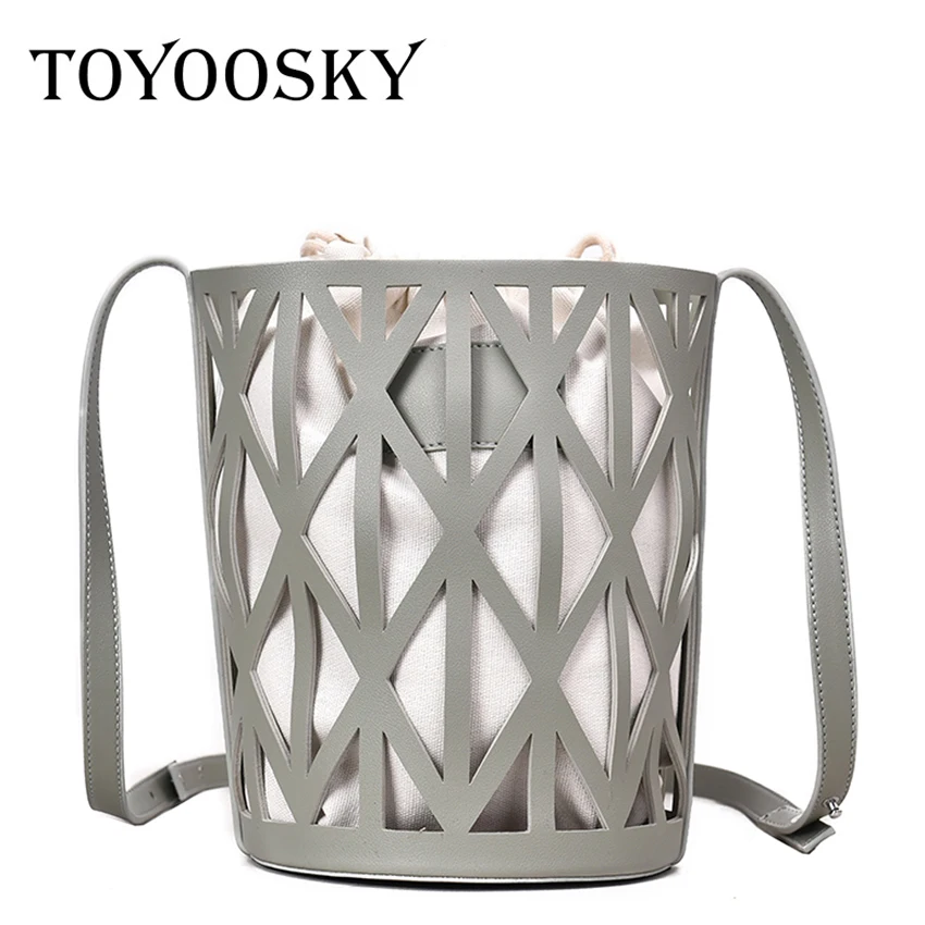 

TOYOOSKY Fashion Hollow Canvas Bucket Bags Women Shoulder Bags Pu Leather Drawstring Ladies Crossbody Messenger Beach Bag Summer