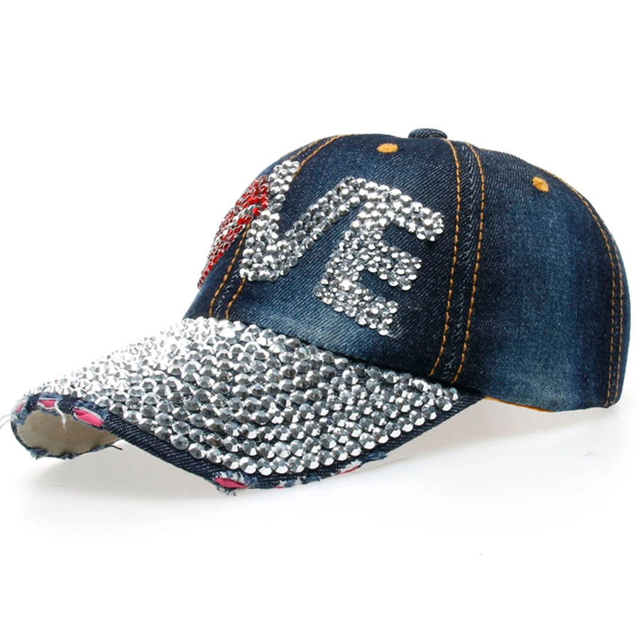 Новое поступление, популярные женские шапки с бриллиантами, ручная дрель, высококачественные бейсболки модные джинсовые шапки с надписью «LOVE» для девочек, SY543