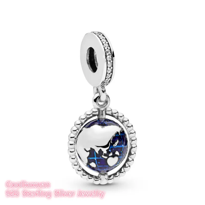 

2019 Summer Original 100% 925 Sterling Silver Spinning Globe Dangle Charm Blue Enamel beads Fits Pandora bracelets Jewelry