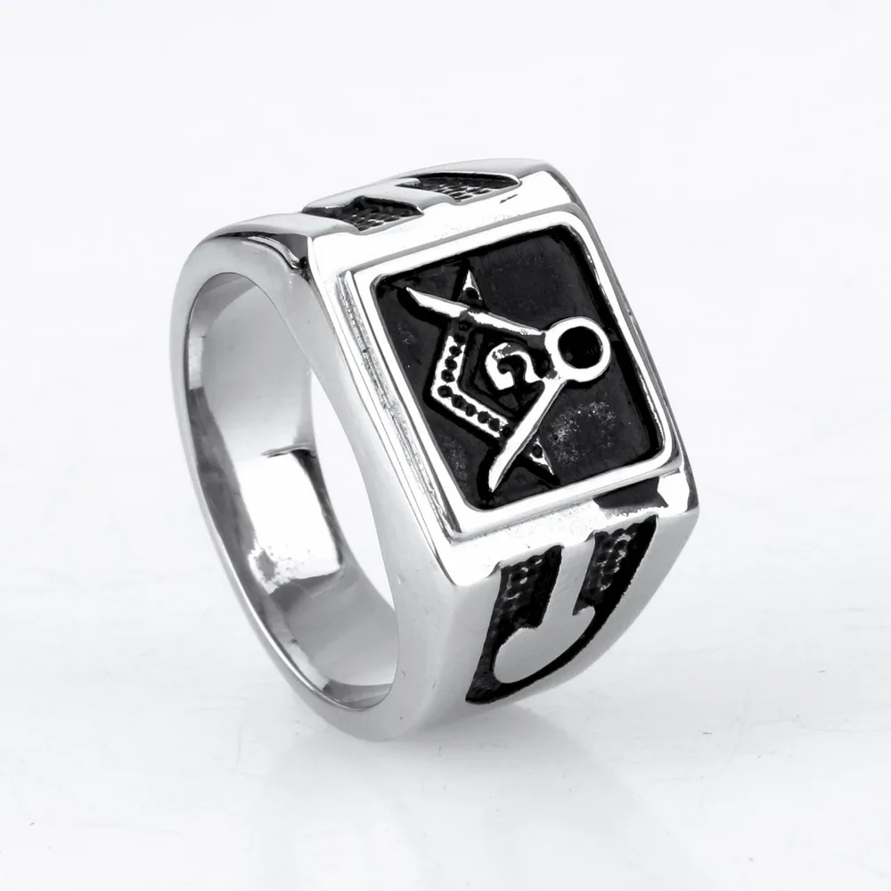 

New Mens Silver Ring Square Free Mason Freemasonry Masonic 316L Stainless Steel Ring Jewelry