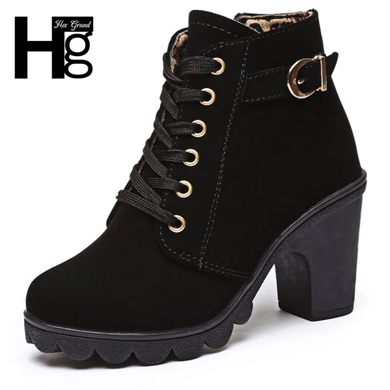 

HEE GRAND Winter Fashion Boots Round Toe Ankle Boots High Heel Lace-Up Solid Color Platform Shoes Women Size 36-40 XWX6856