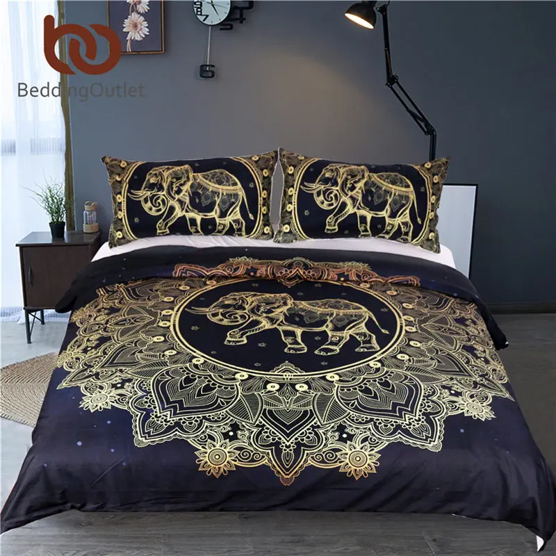 Beddingoutlet Mandala Elephant Duvet Cover With Pillowcase Black