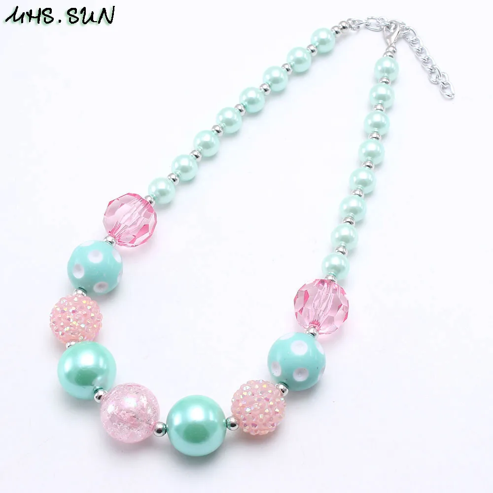 

MHS.SUN Cute Baby Girls Chunky Beads Necklace Mint Green/Pink Children Kids Beaded Necklace Fashion Chunky Jewelry 1Pcs